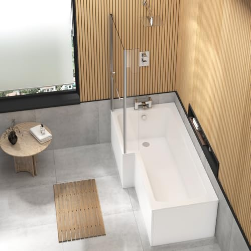 Qubix 1600 x 850mm Left Hand L-Shaped Shower Bath Acrylic Bathtub with Glass Shower Fixed Screen