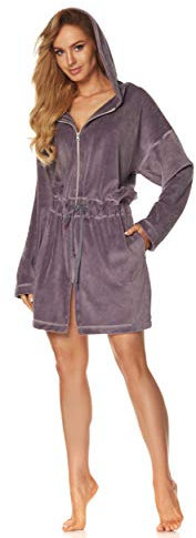 L&L - 9118 Bademantel mit Reißverschluss Damen weicher, Warmer und Langer Bademantel. Ganzkörperansicht, Reißverschluss, Hausmantel mit Kapuze für Damen. (Amethyst, Medium)