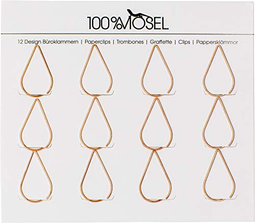 100% Mosel Büroklammern Roségold, 12 Stück, in Tropfenform (3,3 x 2,4 cm), edle Klammern aus Metall, modernes Accessoire fürs Büro/Homeoffice, elegante Deko zu besonderen Anlässen
