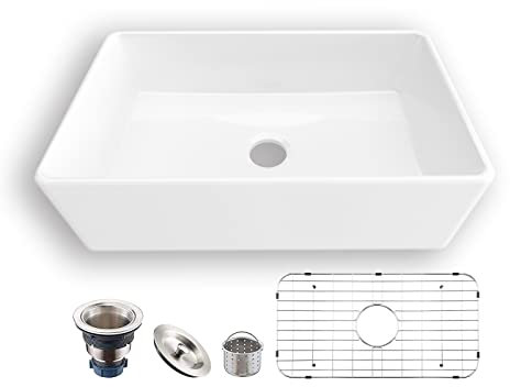 MEJE Fregadero de granja de 84x50,5 cm, Fregadero de cocina reversible individual, Fregadero de cerámica blanca con frente de delantal, Fregadero de lavado con coladores y rejillas inferiores
