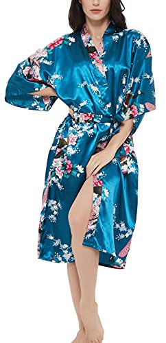 Kimono en satin imprimé rose pour femme - Paon - Robe de chambre de demoiselle d'honneur - Vêtements de nuit, Paon floral bleu paon, M grande taille