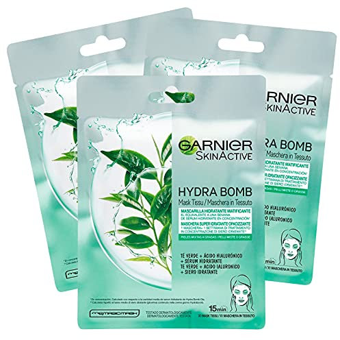 3 x Garnier SkinActive Hydra Bomb Gesichtsmaske aus feuchtigkeitsspendendem und mattierendem Gewebe mit grünem Tee und Hyaluronsäure