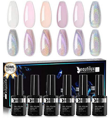 Beautilux Universal Rainbow Cat Eye + Nude Farben Gel-Nagellack Set - 1 Holographischer Magnetischer Glitter + 5 Nude Töne (6x10ml) (BCM-BN-01)