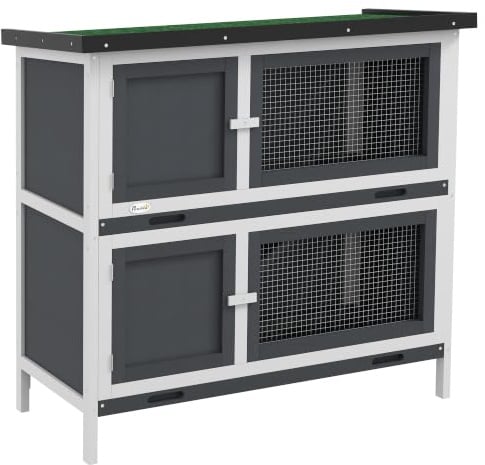 PawHut Rabbit Hutch Guinea Pig Hutch Openable Roof 100 x 47 x 91cm Grey | Double Decker Pet Cage, Divider, Ramp for Outdoor