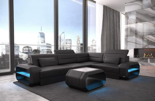 Ecksofa Verona Ledersofa L Form Sofa - mit LED Beleuchtung, verstellbare Kopfstützen/Lederfarben wählbar/Ausrichtung wählbar (Ecke rechts, Black)