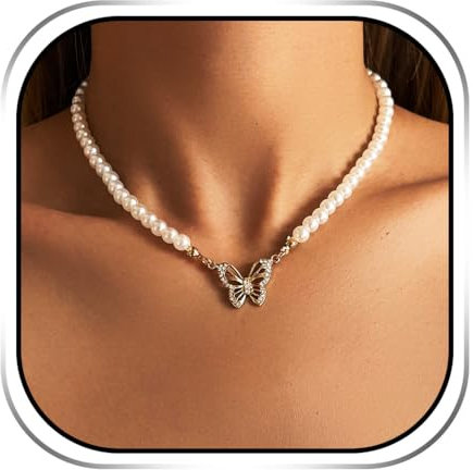 Ushiny Vintage Perlenkette Gold Schmetterling Strass Halsketten Festival Geburtstag Party Halskette Schmuck für Frauen und Mädchen