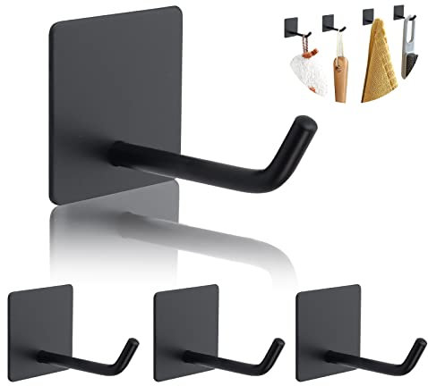 4 Pezzi Ganci da parete autoadesivi per uso intensivo, LIUCONGBD ganci lunghi per asciugamani in acciaio inossidabile per appendere il bagno della cucina, ganci impermeabili per appendere (nero)