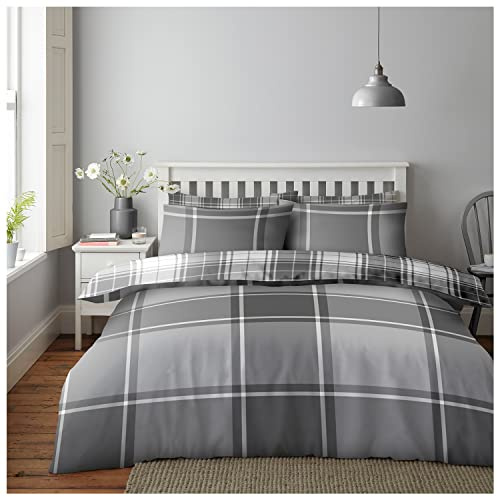 GC GAVENO CAVAILIA Check Duvet Cover, Printed Tartan Bedding Set King Size, Reversible Checkered Quilt Cover With Pillow Cases, Grey