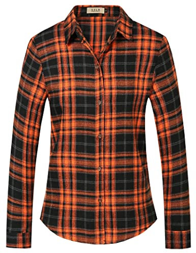 SSLR Chemise en Flanelle pour Femme - Bûcheron à Manches Longues - Bouton Down - Chemisier à Carreaux - Élégant, Orange/Noir, XL