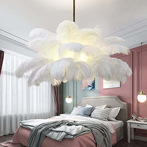 Drinnen Kronleuchter , Luxus Kupfer Weiße Feder Deckenleuchte, Straußenfeder Deckenleuchte, Weiße Feder Kronleuchter Schöne Pendelleuchte for Schlafzimmer, Wohnzimmer, Mädchenzimmer Beleuchtung Dekor