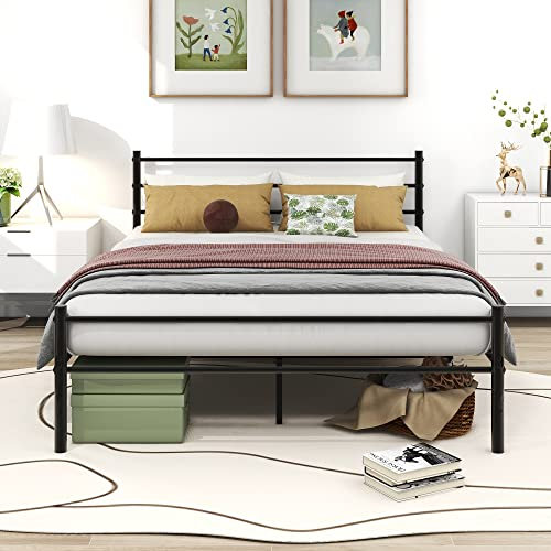 Diahomy Metallbett 120x200 cm Bettgestelle mit Lattenrost, Doppelbett/Bettrahmen mit Kopfteil, Gästebett Jugendbett für Schlafzimmer Gästezimmer/Schwarz