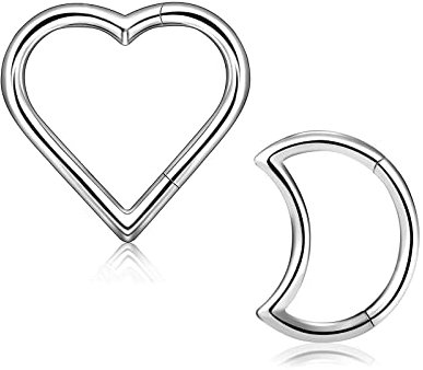 Longbeauty 2 Pcs Ohrpiercing G23 Titan Klicker Nasenring Knorpel Ohrring Segmentring Daith Conch Tragus Helix Septum Herz/Mond, 8MM/10MM,1.2mm Silber, Stil C