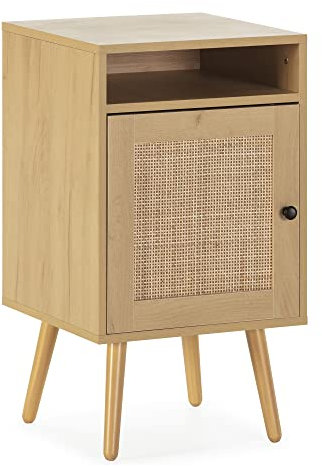 HOMN LIVING Nachttisch Bella 1 Tür Farbe Eiche, natürliches Rattan, 40 cm (Breite) 39 cm (Tiefe) 70 cm (Höhe)