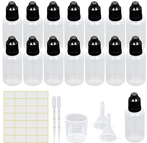 Episkey 20x Flaconi Contagocce 30ml con Imbuto, Misurino, Contagocce ed Etichette. Bottiglie vuote con Contagocce per Liquidi, Oli ed E-Liquid (30ml)