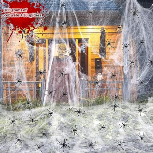 Halloween Spinnennetz Dekoration, 200g Dehnbare Spinnennetze &30Künstliche Spinnen, Halloween Deko Outdoor Spinnennetz, dehnbar Spinnweben für Halloween Party Spukhaus Garten Hof Horror Dekoration