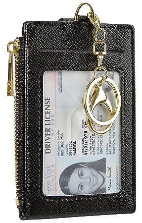 Cynure Kartenhalter für Damen und Herren, Leder, RFID-blockierend, schmal, klein, Reißverschluss, Schlüsselanhänger, Vordertasche, Geldbörse mit 2 Ausweisfenstern, Schwarz, Einheitsgröße,