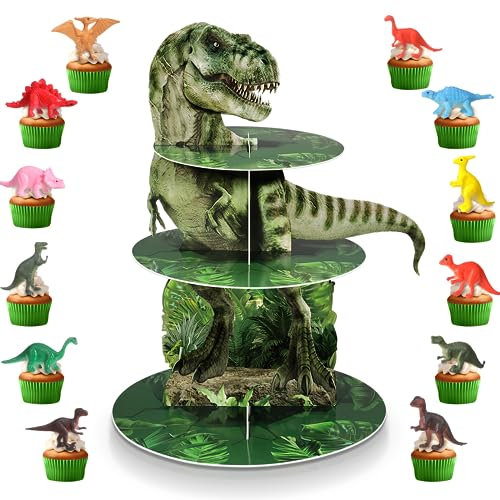 Censen 3-stöckiger Dinosaurier-Cupcake-Ständer, Party-Dekorationen, Dinosaurier-Cupcake-Halter, 24 Stück, Dinosaurier-Figuren, Spielzeug, Cupcake-Topper, Dinosaurier-Dessert-Turm für Jungen