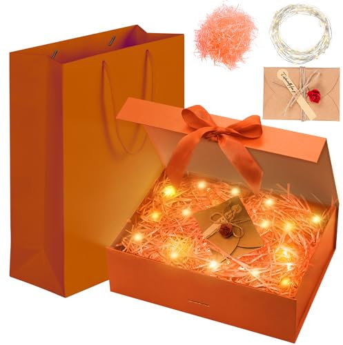 Idota Geschenkbox mit Deckel, Geschenkschachtel Schwarz, Geschenkkarton mit Schleife, Tasche, Farbband, Licht, Raffia, Grußkarten,Geschenkboxen für Hochzeit Geburtstag Weihnachten Jubiläum (Orange M)