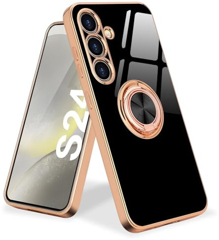 Urarssa Kompatibel mit Samsung Galaxy S24 Hülle, Galvanik Glänzend Handyhülle Weiche Mode Case mit 360 Grad Ring Ständer Schutzhülle, Stoßfest Samsung S24 5G Hülle, Schwarz