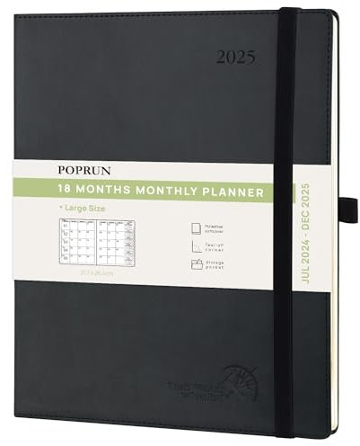 POPRUN Kalender 2025 Monatsplaner A4 (Jul.2024 - Dez.2025) - 18 Monate Monatskalender Softcover 26,5 x 21,5 cm - 1 Monat 4 Seiten, mit PU-Leder, 100 GSM Papier - Schwarz