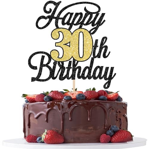 Xsstarmi 1 Pack Happy 30th Birthday Cake Topper Glitter 30 Fabulous Cake Pick Hello 30 Cheers to 30 Years Cake Decorations for Happy 30th Birthday Anniversary Party Supplies Black Gold
