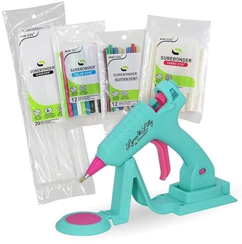 Surebonder Lynn Lilly Edition - Mini pistola per colla a caldo senza fili con punta fine e stick di colla per tessuti, multiuso, colore, glitter e tessuto, blu