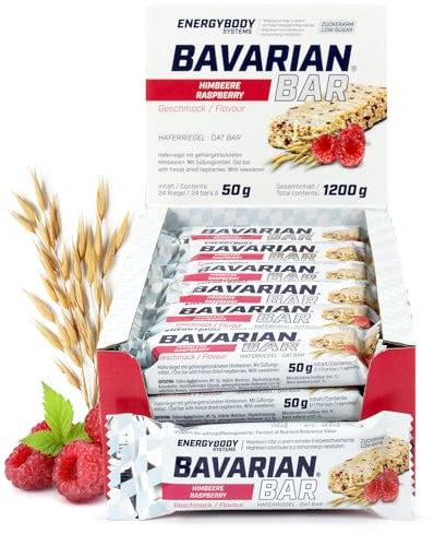 Energybody® Bavarian Bar Haferriegel Himbeere 24x50g / Energieriegel als Oatsnack/Powerriegel Flapjack als Sportnahrung/Haferflocken Riegel, Kohlenhydrate Riegel als Sportlernahrung