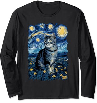 Van Gogh Cat Gifts Tabby Cat Owners Cat Lady Black Men Cat Long Sleeve T-Shirt