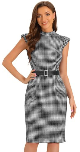 Allegra K Vintage Business Dress for Women's Cap Sleeve Houndstooth Pencil Dress with Belt Black White S