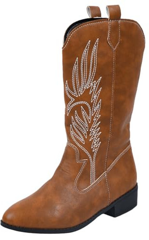 Ulalaza Stivali da donna Stivali da cowboy western Stivali da cowgirl al polpaccio Stivali con tacco spesso Stivali eleganti con tacco medio ricamati Stivali al ginocchio con punta squadrata
