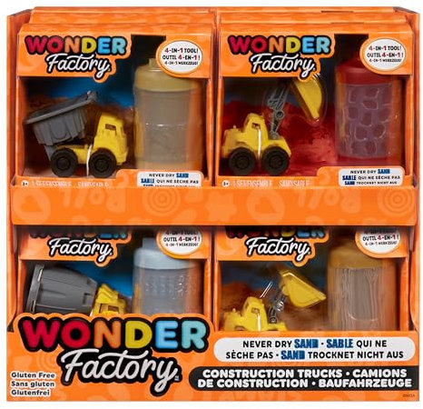 Wonder Factory Never Dry Sand Construction Trucks - Enthält 1 Laster & 1 Tube mit 104 ml Sand, Trocknet Nicht Aus, Glutenfrei, Kreatives Spielzeug für Kinder, Spielset mit Unendlichen Möglichkeiten