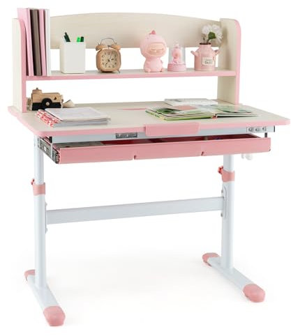 COSTWAY Schreibtisch Kinder, Kinderschreibtisch höhenverstellbar, Schülerschreibtisch mit neigbarer Tischplatte, Regal & Schublade, Jugendschreibtisch Zeichentisch für 3–12 Jahre Kinder (Rosa)