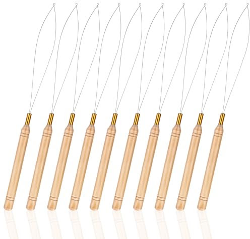 Qisnyu 10 Stück Holz Haarverlängerung Schleifen Nadel Einfädler Zug Haken Werkzeug und Perlen Vorrichtung Haarstyling-Werkzeug Zubehör