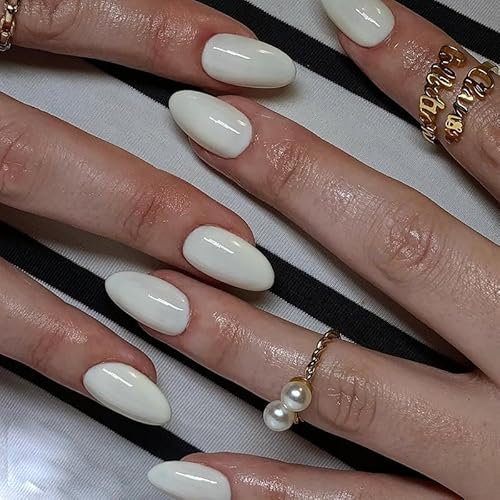 Mgmxbsth 24PCS Almond Medium Pressed Nail,Christmas Fake Nails, White French Tip False Nails, Stick On Nails, Pure Colour Tip Full Coverage Nail, Suitable for Women and Girls(Milky White)