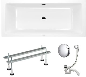 VBChome Baignoire 180 x 80 cm - Blanc - Acrylique - Rectangulaire - Pieds de baignoire - Siphon - Design moderne - Bonde d'écoulement centrale - Chromé