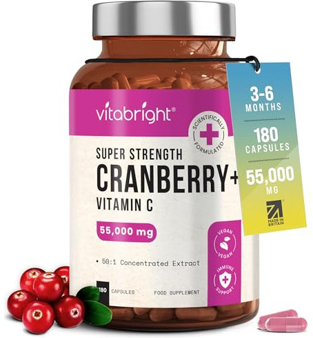 VitaBright Cranberry Tablets with Natural D-Mannose | 55,000mg | 180 Capsules | 3 Month Supply | Cranberry Supplements for Women with Vitamin C | No Added Sugar | High Strength Extract