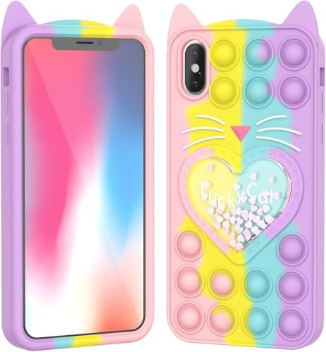 Aspack Pop Bubbles Case for iPhone X/XS, Cute Cartoon Cat Fidget Stress Relief Push Bubbles Shockproof Silicone Soft Phone Case for (Rainbow Quicksand Cat- iPhone X/XS)