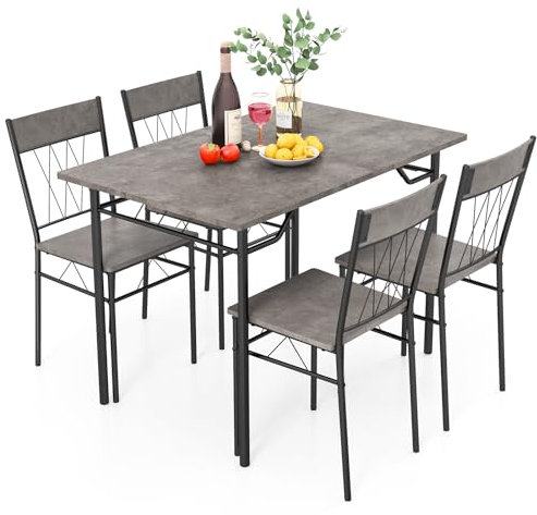 TANGZON Dining Table and Chairs Set 4, 5 Pieces Wooden Kitchen Table and 4 Chairs with High Backrest & Marble/Cement Texture, Metal Frame Dining Table Set Furniture for Home Dining Living Room (Gray)