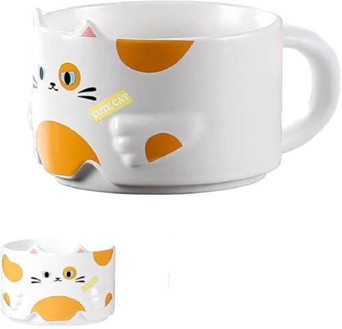 Huiyiwert Niedliche Katze Kaffeetasse 300ml Porzellanbecher Stapelbare Teetasse Süße Katzentasse Keramik Kaffeebecher Geschenk für Jubiläum Engagement Valentinstag, Geburtstag (Weiß)