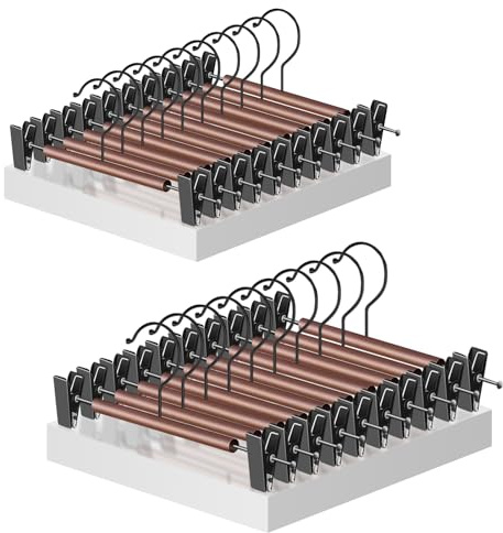 Jiang&Rong 20 Pack Wooden Hangers with Metal Clips(Brown) | Adjustable Non-Slip Closet Organizers for Pants, Jeans, Skirts, Socks | Heavy-Duty Rustproof Hanger Set