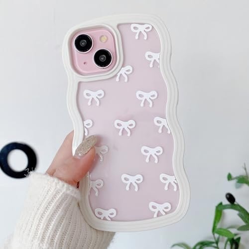 QLTYPRI Bow Case for iPhone 13/iPhone 14, Clear Cute Ribbon Bow Phone Case Curly Wavy Aesthetic Phone Case, Slim Soft Transparent Shockproof Protective Cover for Women Girls - White