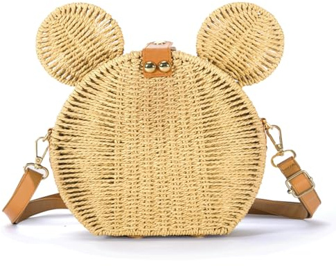 Runde Rattan-Strohtasche für Damen, handgefertigt, niedliches Mausohr, geflochtene Geldbörse, Umhängetasche, Handtasche, Khaki, Einheitsgröße