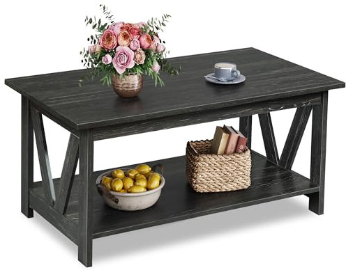 WLIVE 100cm Wooden Coffee Table, 2-Tier Open Storage Centre Table with M-Shaped Reinforcement, for Living Room, Bedroom, Charcoal Black