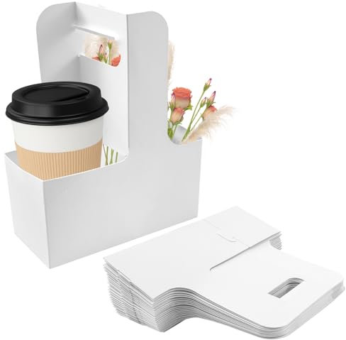 50 Stück Pappe Kaffee Getränkehalter, Karton Getränketräger mit Griff Faltbar Kraftpapier 2 Tassen Heiße und Kalte Getränke, Becherträger Papier Getränkehalter Carrier für Lebensmittel zum Herau