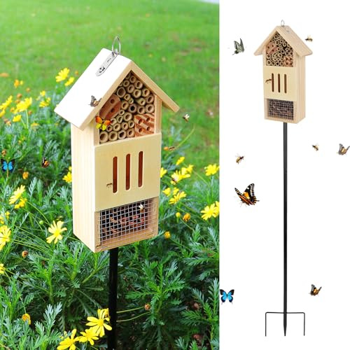Lettry Insektenhaus aus Holz, Insektenhotel mit Metallpfahl für Gärten, Bienenhaus & Schmetterlingshotel am Boden oder an Baumwand hängen, Natürlicher Insekten-Lebensraum für Biene, Schmetterling