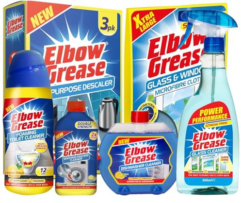 Elbow Grease 6-Piece Blue Bundle Giftset Includes Dishwasher Cleaner 250ml, Glass Cleaner 500ml, All-Purpose Descaler 3 Pack, Microfibre Cloth, Toilet Cleaner 500g, Washing Machine Cleaner 250ml