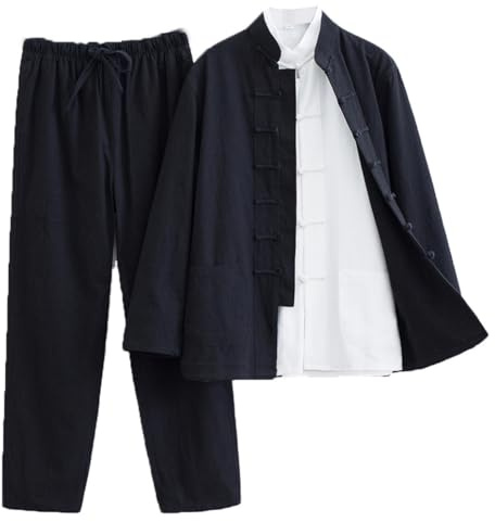 Cotton Linen Tai Chi Uniform Set of 3 Loose Kung Fu Suit Chinese Tang Suit Men Martial Art Jacket black-5XL