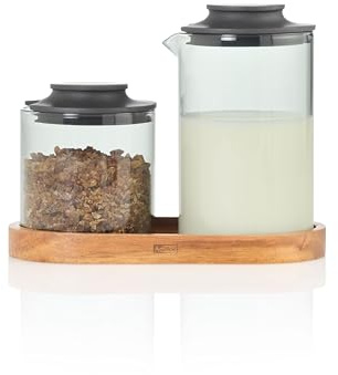 AdHoc Impact Milch- & Zucker-Set, Milchkännchen mit Zuckerdose | 3-teiliges Set aus Borosilikatglas mit Silikondeckel und Akazienholz-Untersetzer, für Kaffee und Tee