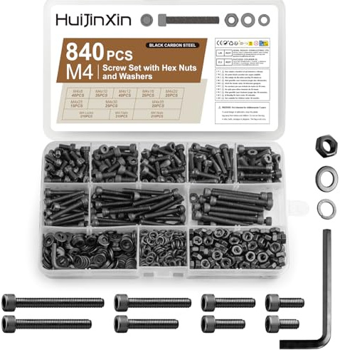 840 Stück M4 Schrauben Set, Innensechskantschrauben Muttern Set, Zylinderschrauben mit Muttern mit Unterlegscheiben Sets, Schwarz Maschinenschrauben Sortiment, Gewindeschrauben Set