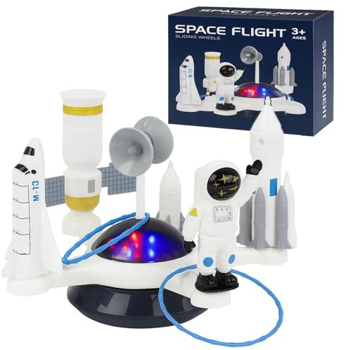 The Magic Toy Shop Rotating Light Up Space Set Toy - Moving and Rotating Base with Lights & Music, Astronaut, Rocket & Shuttle Play Figures - Quoits Ring Toss Game, Space Toys & Gifts for Kids 3+